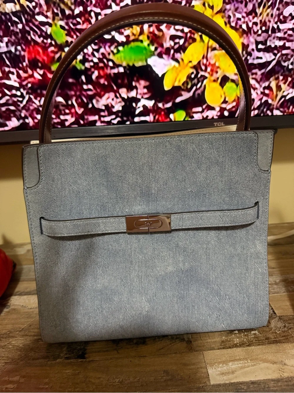 Tory Burch Light Blue Denim Shoulder Bag with Brown Handle